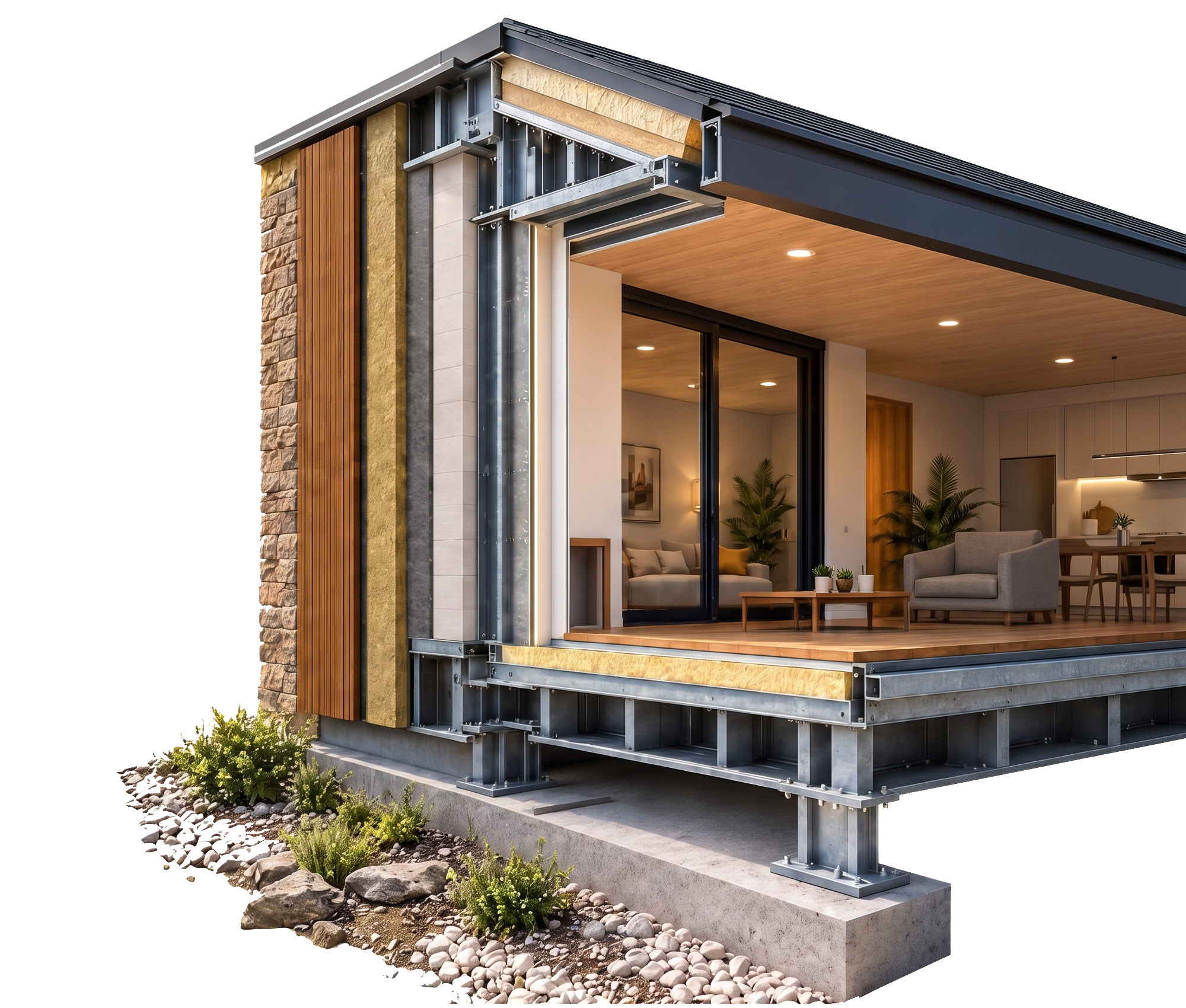 Cutaway view of a modular home's roof, wall, insulation, and structural layers