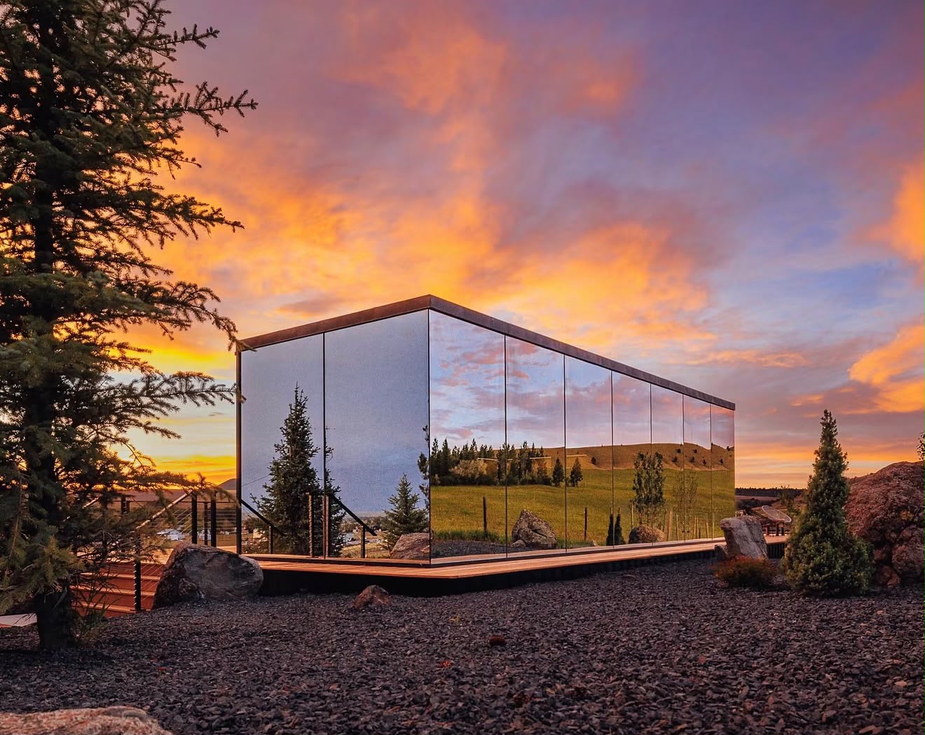 Modern modular home at sunset